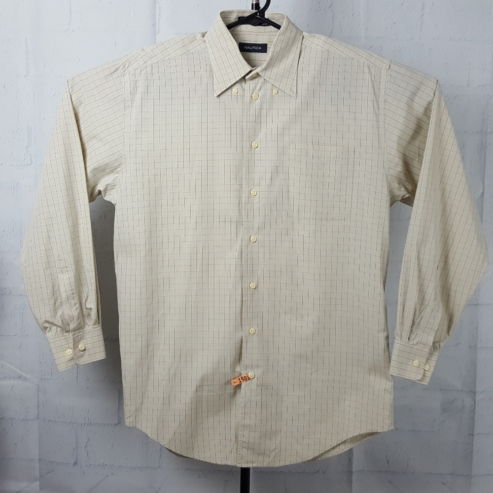 Nautica Mens 15 1/2 34/35 Beige Blue Plaid Shirt